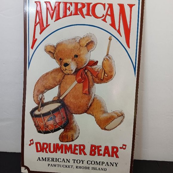 American Drummer Bear Tin Sign. 10x16" Pawtucket, RI. American Toy Co. Nice Sign - Picture 1 of 8